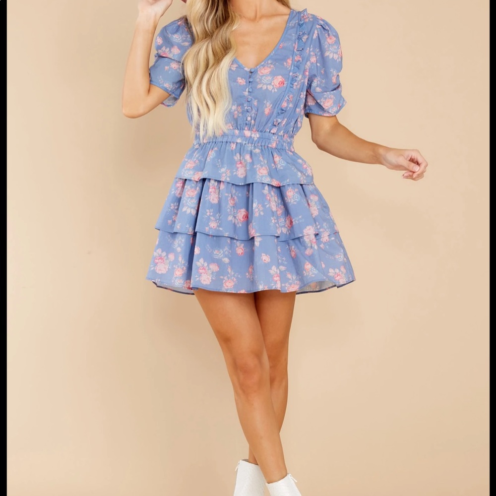 Loveshackfancy Roth Floral Tiered Ruffle Cotton Dress In Faded Denim - Picture 4 of 17